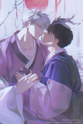 Rule 34 | 2boys, blue robe, brown hair, collarbone, eye contact, highres, holding hands, horns, ilay riegrow, jeong taeui, long sleeves, looking at another, male focus, multiple boys, passion (manhwa), purple robe, robe, short hair, smile, twitter username, upper body, white background, white hair, whiteislife 4, yaoi