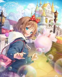 Rule 34 | 1girl, :d, air bubble, amusement park, artist name, bag, bench, black hairband, blue jacket, blue sky, blush, bow, breasts, brown hair, bubble, candy, castle, child, cloud, commentary request, cotton candy, denim, denim jacket, fence, ferris wheel, flower, food, from side, green eyes, hair bow, hairband, handbag, highres, holding, holding candy, holding food, hood, hood down, ika (4801055), jacket, lamp, long sleeves, looking at viewer, medium breasts, open mouth, original, outdoors, people, pink bag, pink flower, pink skirt, plaid, plaid skirt, polka dot, polka dot bow, red bow, red flower, short hair, signature, skirt, sky, smile, solo focus, white hood, wooden bench, yellow flower