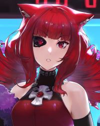 Rule 34 | 1girl, animal ear fluff, animal ears, artificial eye, bare shoulders, breasts, brooch, detached sleeves, drill hair, highres, jewelry, looking at viewer, mechanical eye, medium breasts, parted lips, portrait, red hair, solo, stella hoshii, twin drills, unsomnus, va-11 hall-a