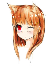 Rule 34 | 1girl, animal ears, brown hair, hair ornament, hairclip, holo, mou (piooooon), one eye closed, red eyes, solo, spice and wolf, wolf ears