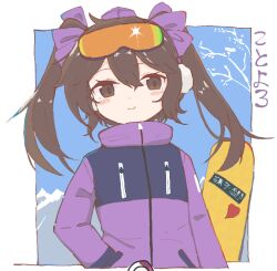 Rule 34 | 1girl, brown eyes, brown hair, hat, himekaidou hatate, looking at viewer, nazawa (nother), purple hat, smile, solo, tokin hat, touhou, twintails, upper body, winter