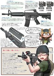 Rule 34 | 2girls, airsoft review illustrated, animal ears, ar-15, armalite, armor, assault rifle, blonde hair, body armor, brown eyes, bulletproof vest, colt commando, carbine, chibi, colt&#039;s manufacturing company, colt model 733 commando, diagram, didloaded, eye protectors, glasses, gun, holding, information sheet, japanese text, long gun, m16, m16a1, military, military uniform, multiple girls, original, rifle, safety glasses, scope, shirt, short-barreled rifle, sight (weapon), stock (firearm), telescopic sight, telescoping stock, text focus, translation request, uniform, vest, weapon, weapon focus, weapon profile