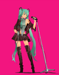 Rule 34 | 1girl, bad id, bad pixiv id, boots, cable, chain, full body, green eyes, green hair, hair ribbon, hatsune miku, jacket, long hair, microphone, microphone stand, necktie, off shoulder, rakuchii (rurituvo), ribbon, rurituvo, simple background, sleeves rolled up, solo, standing, thighhighs, twintails, vocaloid, zettai ryouiki