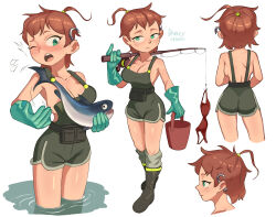 Rule 34 | 1girl, aqua eyes, aqua gloves, areola slip, artist name, barleyshake, black footwear, blush, boots, breasts, brown eyes, bucket, cleavage, copyright request, fish, fishing hook, fishing rod, freckles, gloves, green overalls, holding, holding fishing rod, medium breasts, multiple views, one eye closed, open mouth, overall shorts, overalls, profile, short hair, simple background, standing, white background