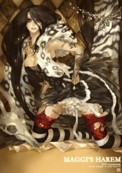 Rule 34 | 1girl, bare shoulders, black hair, breasts, brown eyes, cleavage, earrings, garter belt, gloves, heterochromia, jewelry, kneeling, large breasts, lips, long hair, maggi, mole, mole under eye, skull, solo, striped clothes, striped thighhighs, thighhighs, very long hair