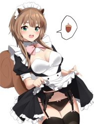 Rule 34 | 1girl, acorn, alternate costume, animal ears, apron, ayunda risu, black dress, black panties, black thighhighs, blush, bow, bow panties, breasts, brown hair, cleavage cutout, clothes lift, clothing cutout, commentary, dress, dress lift, english commentary, enmaided, frilled apron, frills, garter belt, garter straps, green eyes, highres, hololive, hololive indonesia, lifting own clothes, long hair, looking at viewer, low twintails, maid, maid apron, maid headdress, medium breasts, nonstop nut november, open mouth, panties, pink bow, puffy short sleeves, puffy sleeves, short sleeves, simple background, smile, solo, speech bubble, squirrel ears, squirrel girl, squirrel tail, tail, thighhighs, twintails, underwear, virtual youtuber, white apron, white background, white headdress, yuyu5x