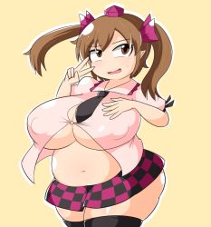 Rule 34 | 1girl, big belly, black thighhighs, breast suppress, breasts, brown eyes, brown hair, bursting breasts, checkered clothes, checkered skirt, cleavage, collared shirt, covered erect nipples, d:, fat, hand on breast, hat, himekaidou hatate, huge breasts, looking at viewer, manorea, miniskirt, navel, necktie, nervous, open mouth, pointy ears, shiny skin, shirt, skirt, solo, sweat, thighhighs, tokin hat, touhou, tsurime, twintails, undersized clothes, v, zettai ryouiki
