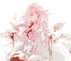 Rule 34 | 1girl, arcaea, blood, blood in hair, blood on clothes, blood on face, blood on hands, bow, closed mouth, dress, empty eyes, frilled sleeves, frills, gold trim, hair bow, head wings, hikari (arcaea), hikari (fatalis) (arcaea), long hair, long sleeves, mechari, pink bow, pink eyes, sidelocks, simple background, sitting, solo, very long hair, white background, white dress, white hair, white wings, wings