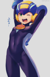 Rule 34 | 1boy, arm behind head, arms up, artist name, blue headwear, blush, bodysuit, commentary request, covered navel, cowboy shot, dated, green eyes, grey background, helmet, highres, male focus, mega man (series), mega man battle network, mega man battle network (series), megaman.exe, netnavi, one eye closed, open mouth, purple bodysuit, short hair, simple background, solo, standing, tearing up, teeth, tongue, translation request, twitter username, yawning, zero-go