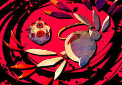 Rule 34 | black background, chromatic aberration, colored sclera, commentary request, detached wings, extra ears, halo, kirby (series), kirby 64, looking at viewer, miracle matter, nintendo, no humans, one-eyed, red background, red sclera, shirushiki, spread wings, two-tone background, white wings, wings, yellow halo, zero two (kirby)