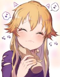 Rule 34 | 10s, 1girl, blonde hair, blush, commentary request, closed eyes, hand on another&#039;s chin, idolmaster, idolmaster cinderella girls, long hair, multicolored hair, musical note, ninomiya asuka, orange hair, purple shirt, rerere, shirt, solo, stroking another&#039;s chin, touching another&#039;s chin, two-tone hair