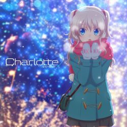 Rule 34 | 1girl, blue eyes, charlotte (anime), coat, commentary request, copyright name, cowboy shot, green coat, grey skirt, higashiji kazuki, long hair, looking to the side, mittens, official art, open mouth, pink scarf, pleated skirt, scarf, silver hair, skirt, solo, sparkle background, standing, tomori nao, two side up, winter clothes