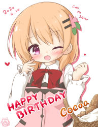 Rule 34 | 1girl, ;d, basket, blonde dog girl (ri-net), blush, bow, bread, character name, collared shirt, colored shadow, dated, drop shadow, english text, food, gochuumon wa usagi desu ka?, hair ornament, hairclip, hands up, happy birthday, heart, hoto cocoa, light brown hair, long sleeves, one eye closed, open mouth, pink vest, purple eyes, rabbit house uniform, red bow, ri-net, shadow, shirt, smile, solo, uniform, upper body, vest, waitress, white background, white shirt