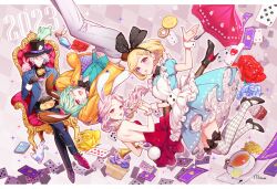 Rule 34 | 2023, 2boys, 2girls, ace (playing card), ace of hearts, ace of spades, aibi fish, alice (alice in wonderland), alice in wonderland, animal ears, apron, black gloves, blonde hair, blue dress, blue vest, braid, braided bangs, card, checkered clothes, checkered legwear, checkered thighhighs, dress, formal, frilled dress, frills, gloves, green hair, grey hair, hairband, hat, heart, highres, long hair, mad hatter (alice in wonderland), multiple boys, multiple girls, one eye closed, pink eyes, pink hair, playing card, pocket watch, purple eyes, rabbit, rabbit ears, red dress, red eyes, short hair, sitting, spade (shape), strapless, strapless dress, suit, top hat, vest, watch, white rabbit (alice in wonderland)