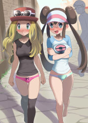 Rule 34 | 1boy, 2girls, absurdres, black pantyhose, black thighhighs, blonde hair, blush, breasts, brown hair, cameltoe, closed mouth, collarbone, collared shirt, commentary request, commission, covering breasts, covering privates, creatures (company), day, double bun, eyelashes, eyewear on headwear, game freak, green eyes, green panties, hair between eyes, hair bun, hat, highres, long hair, medium breasts, multiple girls, nervous smile, nintendo, no pants, open mouth, outdoors, panties, pantyhose, partial commentary, pink panties, pixiv commission, pokemon, pokemon bw2, pokemon xy, raglan sleeves, red headwear, rosa (pokemon), serena (pokemon), shirt, sidelocks, sleeveless, sleeveless shirt, smile, standing, sunglasses, sweat, sweatdrop, thighhighs, twintails, uhyoko, underwear, visor cap, white-framed eyewear, white headwear