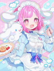 Rule 34 | 1girl, absurdres, apron, badge, blue background, blue bow, blue bowtie, blue dress, blush, border, bow, bowtie, button badge, buttoned cuffs, buttons, center frills, checkered background, cinnamoroll, commentary, dress, food, frills, fruit, fuinagi (huyuu mm), gem, gradient background, highres, holding, holding spoon, holding tray, icing, long sleeves, maid headdress, medium hair, multicolored background, ootori emu, open mouth, pastry, pink background, pink eyes, pink hair, pink ribbon, project sekai, purple gemstone, ribbon, sanrio, sleeve cuffs, smile, sparkle, spoon, star (symbol), star in eye, strawberry, symbol-only commentary, symbol in eye, tray, twitter username, white apron, white border, white headdress