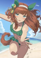 Rule 34 | 1girl, absurdres, animal ears, bare arms, bare shoulders, beach, bikini, blush, cloud, commentary request, day, ear covers, flat chest, floating hair, footprints, frilled bikini, frills, green bikini, green eyes, hairband, highres, horizon, horse ears, horse girl, horse tail, long hair, navel, open mouth, orange hair, outdoors, outstretched arms, reaching, reaching towards viewer, running, sand, silence suzuka (umamusume), smile, solo, swimsuit, tail, umamusume, yaya eshage