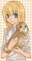 Rule 34 | 1girl, artist request, blonde hair, blue eyes, claire (bokujou monogatari), dog, female focus, harvest moon, looking at viewer, lowres, smile, solo, standing, tagme, upper body