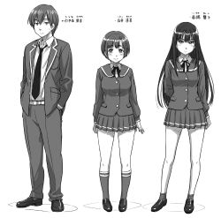 Rule 34 | 1boy, 2girls, arms behind back, belt, belt buckle, blush, breasts, buckle, character name, closed mouth, cuffed, greyscale, hair between eyes, hands in pockets, height, loafers, long hair, looking at viewer, medium breasts, monochrome, multiple girls, naruko hanaharu, original, pleated, pleated skirt, shirt, shoes, short hair, skirt, standing, white background