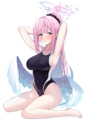 Rule 34 | 1girl, absurdres, amiamie, armpits, arms behind head, arms up, bare arms, bare legs, barefoot, black one-piece swimsuit, black scrunchie, blue archive, blush, breasts, competition school swimsuit, covered navel, crescent, feathered wings, full body, hair ornament, hair scrunchie, halo, highleg, highleg swimsuit, highres, large breasts, long hair, looking at viewer, low wings, mika (blue archive), nail polish, official alternate costume, one-piece swimsuit, parted lips, pink hair, ponytail, school swimsuit, scrunchie, sidelocks, simple background, sitting, solo, swimsuit, thighs, toenail polish, toenails, trinity general school swimsuit, two-tone swimsuit, very long hair, wariza, wet, white background, white wings, wing ornament, wings, yellow eyes