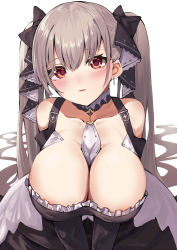 Rule 34 | 1girl, absurdly long hair, absurdres, azur lane, bare shoulders, black dress, breasts, cleavage, dress, earrings, formidable (azur lane), frilled dress, frills, gothic lolita, hair between eyes, highres, jewelry, large breasts, light brown hair, lolita fashion, long hair, misonikomi, neckwear between breasts, red eyes, simple background, solo, twintails, v arms, very long hair, white background, white neckwear
