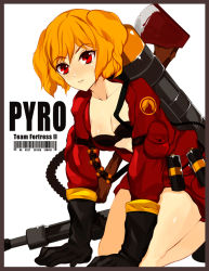 Rule 34 | 1girl, axe, bad id, bad pixiv id, blonde hair, blush, bra, breasts, cleavage, collarbone, cosplay, explosive, flamethrower, gloves, kakaaru, kneeling, open clothes, pyro (tf2), red pyro (tf2), short hair, small breasts, solo, team fortress 2, underwear, weapon