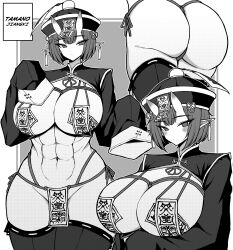 Rule 34 | 1girl, abs, absurdres, ass, blush, bob cut, breasts, chinese clothes, closed mouth, commentary, cowboy shot, earrings, empty eyes, english text, greyscale, halftone, hands up, hat, highres, horns, huge breasts, jewelry, jiangshi, long sleeves, looking at viewer, monochrome, multiple views, navel, ofuda, ofuda on nipples, original, pasties, pointy ears, qingdai guanmao, revealing clothes, short hair, shrug (clothing), skin-covered horns, sleeves past fingers, sleeves past wrists, tassel, tassel earrings, thighhighs, thong, tsurime, upper body, wide hips, yones81239278