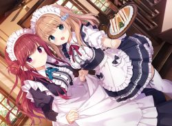 Rule 34 | 2girls, :d, apron, blue eyes, brown hair, commentary request, curtsey, dress, dutch angle, food, hair ornament, holding, holding tray, indoors, juliet sleeves, kimishima ao, long dress, long hair, long sleeves, looking at viewer, maid, maid apron, maid headdress, multiple girls, neck ribbon, open mouth, original, parsley, puffy sleeves, purple eyes, red hair, ribbon, sandwich, short sleeves, smile, thighhighs, tray, white legwear