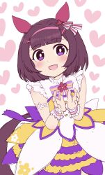 Rule 34 | 1girl, animal ears, bare shoulders, commentary, dress, ear covers, frills, heart, highres, horse ears, horse girl, horse tail, looking at viewer, nishino flower (umamusume), open mouth, purple dress, purple eyes, purple hair, short hair, simoyuki, smile, solo, striped clothes, striped dress, symbol-only commentary, tail, umamusume, wrist cuffs, yellow dress