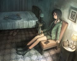 Rule 34 | 1girl, bag, bed, bedroom, black footwear, black hair, black shirt, black shorts, book, boots, bottle, brown eyes, cellphone, chair, closed mouth, cross-laced footwear, drawing (object), green jacket, highres, holding, holding bottle, hood, hood down, indoors, jacket, lace-up boots, lamp, long hair, open clothes, open jacket, original, phone, picture frame, shirt, shorts, sitting, slippers, smartphone, solo, tile floor, tiles, tokunaga akimasa, unworn slippers