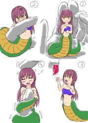 Rule 34 | 1girl, biting, blush, closed mouth, collarbone, drooling, eighth note, food, kaname (artist), lamia, meat, monster girl, musical note, navel, open mouth, purple hair, simple background, smile, v-shaped eyebrows, white background
