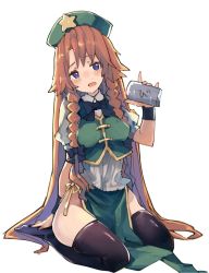 Rule 34 | black thighhighs, blue eyes, blush, braid, breasts, brown hair, brown hait, can, china dress, chinese clothes, chobi (sakuyasakuhana), commentary request, dress, fang, full body, hat, head tilt, holding, holding can, hong meiling, long hair, long sleeves, looking at viewer, m/, medium breasts, ribbon, simple background, sitting, solo, star (symbol), thighhighs, touhou, twin braids, very long hair, white background, zettai ryouiki