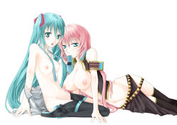 Rule 34 | 2girls, aqua eyes, aqua hair, armband, bad id, bad pixiv id, bare shoulders, between breasts, boots, breasts, covered erect nipples, hatsune miku, iko (artist), iko (gun), large breasts, long hair, megurine luka, midriff, mouth hold, multiple girls, navel, necktie, nipples, open mouth, pink hair, simple background, thigh boots, thighhighs, very long hair, vocaloid, yuri