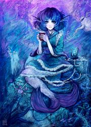 Rule 34 | 1girl, anchor, animal ears, bad id, bad pixiv id, blue eyes, blue hair, clam, crab, cup, fins, gem, head fins, japanese clothes, jewelry, kimono, long sleeves, looking at viewer, matching hair/eyes, mermaid, monster girl, necklace, nokivaris, obi, pearl (gemstone), pearl necklace, ribbon, sash, seaweed, short hair, smile, solo, teapot, touhou, treasure chest, underwater, vase, wakasagihime, wide sleeves