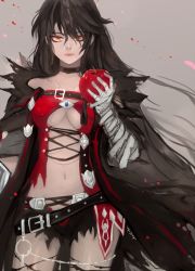 Rule 34 | 1girl, apple, bandaged arm, bandages, bare shoulders, belt, black hair, blush, braid, breasts, choker, coat, food, fruit, glowing, glowing eyes, large breasts, long hair, looking at viewer, navel, one eye closed, open mouth, shiny skin, short shorts, shorts, solo, tales of (series), tales of berseria, torn clothes, velvet crowe, very long hair, yellow eyes