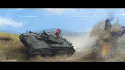 Rule 34 | 10s, 1girl, 2016, action, artist name, bad id, bad pixiv id, cloud, crusader (tank), dated, day, dirt, explosion, furukawa herzer, girls und panzer, highres, landscape, letterboxed, military, military uniform, military vehicle, motor vehicle, mountain, red hair, rosehip (girls und panzer), scenery, sky, smoke, solo, sparks, tank, tree, uniform