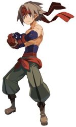 Rule 34 | 1boy, boots, brown eyes, brown hair, disgaea, full body, gloves, harada takehito, headband, looking at viewer, male focus, male warrior (disgaea), muscular, official art, pants, pointy ears, red headband, topless male, solo, standing, white background
