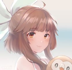 Rule 34 | 1girl, bare shoulders, bow, brown eyes, brown hair, closed mouth, commentary, creatures (company), english commentary, game freak, gen 7 pokemon, hair bow, half updo, looking at viewer, nintendo, pokemon, pokemon (creature), portrait, rowlet, short hair with long locks, signature, smile, temachii, white bow