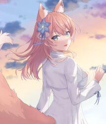 Rule 34 | 1girl, :d, animal ear fluff, animal ears, blonde hair, blue flower, blue ribbon, breasts, cloud, commentary request, cropped jacket, dress, fang, flower, from behind, green eyes, hair between eyes, hair flower, hair ornament, highres, hizuki rurufu, jacket, long hair, long sleeves, looking at viewer, looking back, medium breasts, monoku, open mouth, outdoors, ribbon, sky, smile, snack nili, solo, sunset, tail, upper body, virtual youtuber, white dress, white jacket