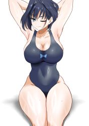 Rule 34 | 1girl, alternate costume, armpits, arms behind head, arms up, black one-piece swimsuit, blue eyes, blue hair, breasts, cleavage, closed mouth, covered navel, hair intakes, highleg, highleg swimsuit, highres, hololive, hololive english, large breasts, medium hair, one-piece swimsuit, one eye closed, ouro kronii, redi (rasec asdjh), short hair, sitting, smile, solo, swimsuit, thighs, virtual youtuber, wet, white background