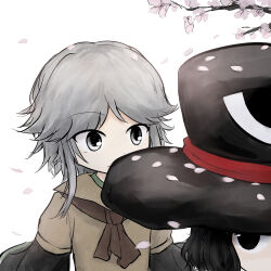 Rule 34 | 2others, androgynous, ascot, black eyes, black hair, black hat, black sleeves, branch, brown ascot, brown coat, brown sleeves, cherry blossoms, closed mouth, coat, collared coat, commentary, enraku tsubakura, eye of senri, falling petals, flower, grey hair, hashtag-only commentary, hat, highres, houlen yabusame, jinbei (clothes), kuroda (kurota ne), layered sleeves, len&#039;en, light smile, long sleeves, looking at another, looking back, medium hair, multiple others, other focus, petals, pink flower, short hair, short over long sleeves, short sleeves, simple background, top hat, upper body, white background, wide sleeves