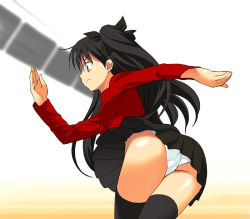 Rule 34 | 00s, 1girl, a1 (initial-g), ass, bent over, black hair, black thighhighs, bowling, cameltoe, fate/stay night, fate (series), from behind, hair ribbon, miniskirt, panties, pantyshot, ribbon, skirt, solo, thighhighs, tohsaka rin, trefoil, turtleneck, twintails, two side up, underwear, upskirt, white panties, zettai ryouiki