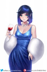 Rule 34 | 1girl, aqua eyes, bare shoulders, blue dress, blue hair, blue nails, blunt bangs, bob cut, braid, breasts, cleavage, collarbone, commentary request, cowboy shot, cup, dress, drinking glass, eyeshadow, feather boa, genshin impact, helloimtea, highres, holding, holding cup, jewelry, looking at viewer, makeup, medium breasts, nail polish, necklace, parted lips, partial commentary, pink lips, short hair, simple background, sleeveless, sleeveless dress, solo, standing, white background, wine glass, yelan (genshin impact)