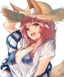 Rule 34 | 1girl, :d, animal ears, arm up, bad id, bad pixiv id, bikini, bikini top only, bikini under clothes, blue bikini, breasts, brown eyes, cleavage, ears through headwear, fang, fate/grand order, fate (series), fox ears, fox tail, hand on headwear, hat, highres, innertube, koretsuki azuma, large breasts, long hair, looking at viewer, open mouth, pink hair, see-through, shirt, simple background, smile, solo, straw hat, sun hat, swim ring, swimsuit, t-shirt, tail, tamamo (fate), tamamo no mae (fate/extra), tamamo no mae (swimsuit lancer) (fate), tamamo no mae (swimsuit lancer) (second ascension) (fate), upper body, wet, wet clothes, wet shirt, white background