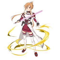 Rule 34 | 1girl, armor, asuna (sao), beam saber, black gloves, boots, brown eyes, brown hair, closed mouth, dress, fingerless gloves, floating hair, folded ponytail, full body, gloves, highres, holding, holding sword, holding weapon, looking at viewer, official art, red armor, red vest, ribbed sweater, sidelocks, smile, solo, standing, sweater, sweater dress, sword, sword art online, thighhighs, thighhighs under boots, transparent background, vest, weapon, white armor, white thighhighs, zettai ryouiki