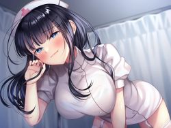 Rule 34 | 1girl, all fours, black hair, blue eyes, bra, bra visible through clothes, breasts, ceiling, closed mouth, curtains, dopikasu-chan, dress, garter straps, hair ornament, hairclip, hand in own hair, hat, highres, indoors, infirmary, large breasts, long hair, looking at viewer, nurse, nurse cap, original, see-through, see-through dress, smile, solo, thighhighs, underwear, white bra, white dress