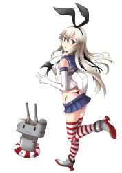 Rule 34 | 10s, 1girl, anchor, ass, bikini, black eyes, black neckerchief, blonde hair, blush, body blush, boots, elbow gloves, full body, gloves, grey footwear, hair ornament, hairband, innertube, kantai collection, long hair, looking at viewer, looking back, micro bikini, miniskirt, neckerchief, nekota susumu, parted lips, pleated skirt, rensouhou-chan, sailor collar, shimakaze (kancolle), simple background, skirt, solo, standing, standing on one leg, striped clothes, striped thighhighs, swim ring, swimsuit, thighhighs, thong, walking, whale tail (clothing), white background