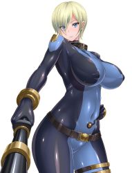 Rule 34 | 00s, 1girl, blonde hair, blue eyes, blue lips, bodysuit, breasts, covered navel, female focus, impossible bodysuit, impossible clothes, inverted nipples, large breasts, laura flockhart, lilith-soft, looking at viewer, miyamoto issa, nipples, short hair, taimanin (series), taimanin asagi kessen arena, weapon