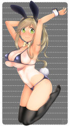 Rule 34 | 1girl, animal ears, armpits, arms up, bikini, black bikini, black thighhighs, blush, breasts, brown hair, closed mouth, covered erect nipples, detached collar, fake animal ears, fang, full body, green eyes, highres, inuyama aoi, large breasts, lips, long hair, looking at viewer, micro bikini, navel, no shoes, one-piece tan, osafune kairi, rabbit ears, rabbit tail, side ponytail, skin fang, smile, solo, sweat, swimsuit, tail, tan, tanline, thick eyebrows, thighhighs, wrist cuffs, yellow neckwear, yurucamp