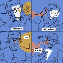 Rule 34 | ..., 2boys, :q, anger vein, bara, blank eyes, blush, commentary, dark-skinned male, dark skin, earrings, english commentary, english text, facial hair, fang, fang out, glasses, goatee, happy, heart, highres, holding, holding phone, jewelry, kim liong (shan), large pectorals, long sideburns, male focus, mature male, multiple boys, muscular, muscular male, on bed, original, parody request, pectorals, phone, profanity, shan (shanshankuo), short hair, sideburns, spot color, tank top, thick eyebrows, thick thighs, thighs, tongue, tongue out, topless male, tsi-ho (shan), upper body